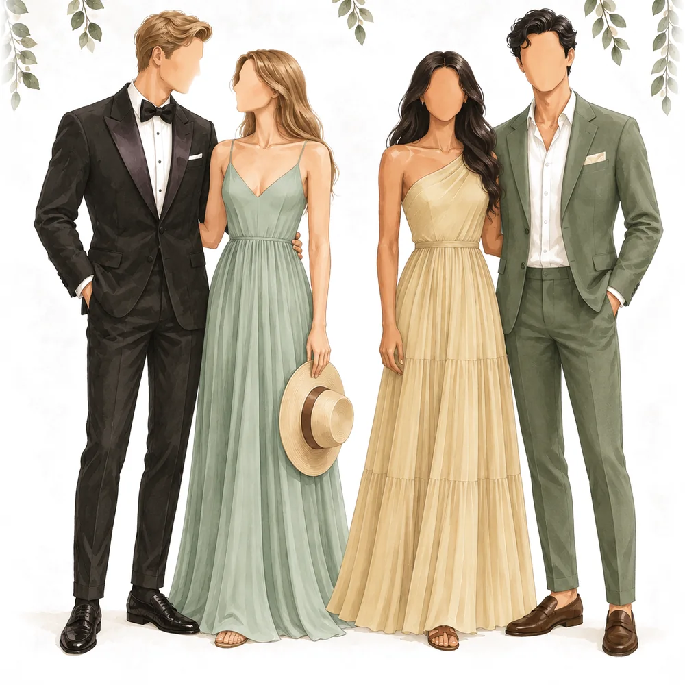 Aquarell-Zeichnung von zwei festlich gekleideten Paaren: Smoking, eukalyptusgrünes und champagnerfarbenes Abendkleid, olivgrüner Anzug